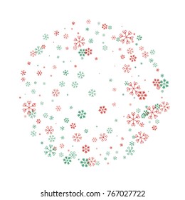 Circle Christmas background with random scatter falling red and green snowflakes isolated on white.