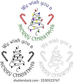 Circle Christmas Banner with LED lights in Tree Shape and Candy Canes. Xmas Elements for Poster, Sticker, Postcard Template. Holiday Spirit With A We Wish You A Merry Christmas Message.