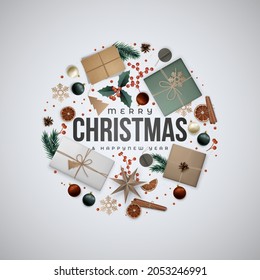 Circle Christmas Composition. Flat lay composition with gift boxes, shiny balls, star, berries, cinnamon, pine cones and orange slices. Top view. Xmas vector template for website, social media.