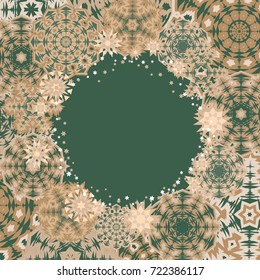 Circle Christmas frame or border with random scatter falling snowflakes on a dark green background.