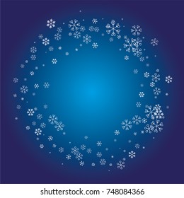 Circle Christmas frame or border with white random scatter falling snowflakes on a navy blue background.