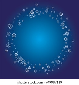Circle Christmas frame or border with white random scatter falling snowflakes on a navy blue background.