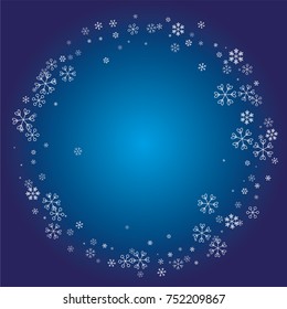 Circle Christmas frame or border with white random scatter falling snowflakes on a navy blue background.