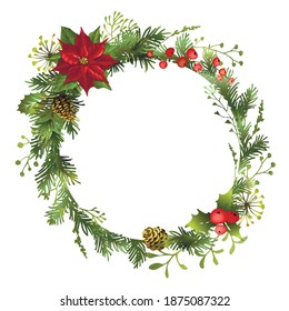 Circle Christmas frame with pine tree branches, red berries, holly berry, poinsettia flower. Greeting card template with space for text. Vector illustration.