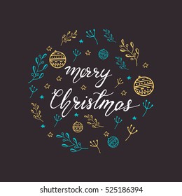 Circle Christmas greeting card design. Holiday vector illustration with lettering and had drawn elements.