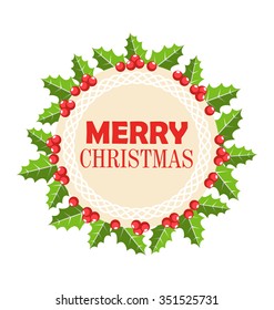 Circle Christmas Label Flat with Holly Sprigs Isolated on White Background