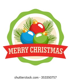 Circle Christmas Label Icon Flat with Balls and Pine Isolated on White Background