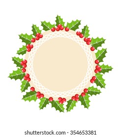 Circle Christmas Label Icon Flat with Holly Sprigs Isolated on White Background