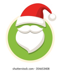 Circle Christmas Label Icon Flat with Santa Hat and Beard Isolated on White Background