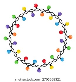 Marco de luces de Navidades de círculo en estilo plano. Guirnalda de bombilla simple de forma redonda. Elemento decorativo de Festiva para tarjetas de Navidad, invitaciones, Anuncios, carteles. Ilustración vectorial