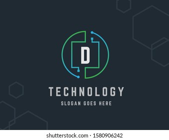 Circle circuit tech network with initial D letter logo design