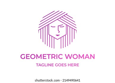 Circle Circular Round Geometric Beauty Woman Girl Lady Female Head Face Hair Line Logo Design Vector