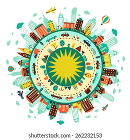 Circle with city. Buildings, transport and parks around. Vector illustration