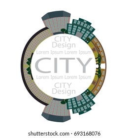 Circle with city. Buildings and trees, cafe. Vector illustration