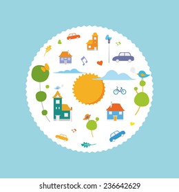 CIrcle city illustrations with cute vector elements building, birds, cars, sun. 