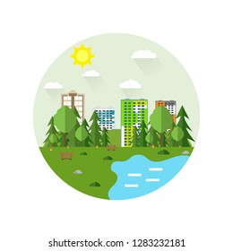 Circle cityscape with a lot of sky scrapers in summer in the park area. Vector illustration in modern flat style. Buildings and business center. A green landscape across the tall buildings