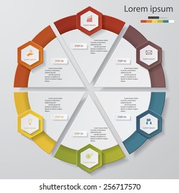 Circle clean number template/graphic or website layout. 6 steps chart for your design. Vector.