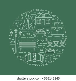 Circle clipart template with different garden landscaping objects including fountain, street lamp, bench, garden bridge, trees and flower vases. Linear style illustration for poster, flyer, banner.