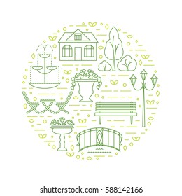 Circle clipart template with different garden landscaping objects including fountain, street lamp, bench, garden bridge and flower vases. Linear style illustration for poster, flyer or web design.