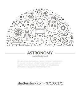 Circle clipart template with different space objects including planets, rover, satellite, spaceship. Strat up concept. Space banner or flyer template with place for your text.