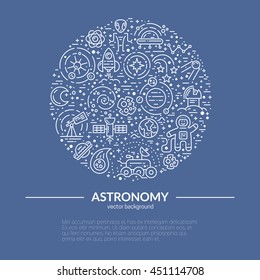 Circle clipart template with different space objects including planets, rover, satellite, spaceship. Strat up concept. Space banner or flyer template with place for your text.