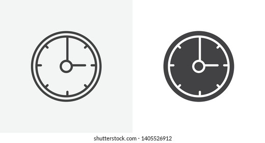 Circle clock icon. line and glyph version, outline and filled vector sign. Office wall clock linear and full pictogram. Time symbol, logo illustration. Different style icons set
