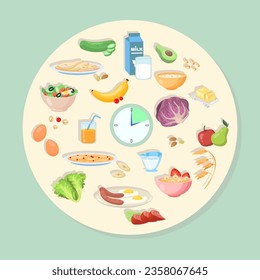 Circle with clock and products from different food groups. Dishes or meals for afternoon or lunch, vegetables, fruits, dairy vector illustration. Healthy food, nutrition, diet concept