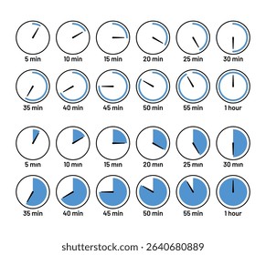 Circle clocks collection with blue filling. Timer, chronometer icons on white background. Stopwatches deadline symbols. Countdown timer with different minutes. Vector illustration.