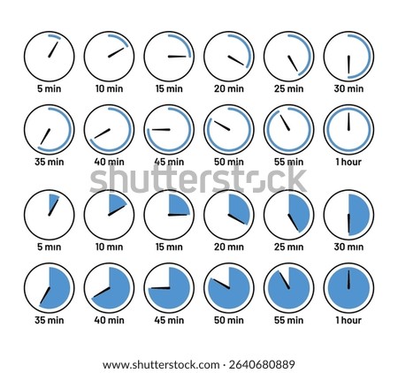 Circle clocks collection with blue filling. Timer, chronometer icons on white background. Stopwatches deadline symbols. Countdown timer with different minutes. Vector illustration.