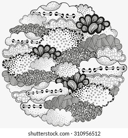 Circle cloud ornament. Hand drawn art mandala.  Made by trace from sketch. Ink pen. Black and white background. Zentangle patters.