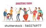 Circle clowns amazing public show performance for hilarious laughing people with kids and grandparents retro cartoon vector illustration 