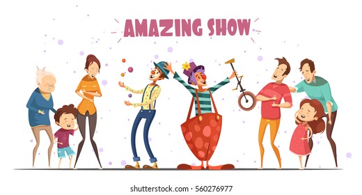 Circle clowns amazing public show performance for hilarious laughing people with kids and grandparents retro cartoon vector illustration 