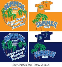 Circle with coconut trees suggesting a Surf theme with Summer Beach text. Art for t-shirt front and back.ta.