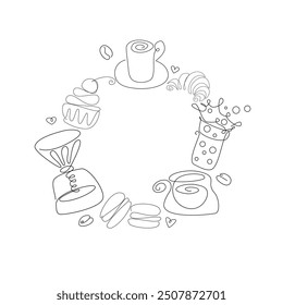 Circle with coffee sketch. Hand drawn graphic design. Black and white round with coffee mugs, cupcake, macaroon, croissant, bubble tea, hearts, beans. Vintage vector illustration.

