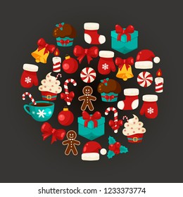 Circle collage of collection of colorful christmas elements and decorations. Vector illustration.