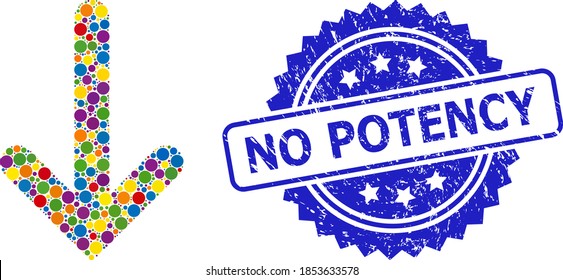 Circle collage down arrow and NO POTENCY grunge stamp. Blue stamp includes NO POTENCY title inside rosette. Vector down arrow collage is made from scattered color circle dots.