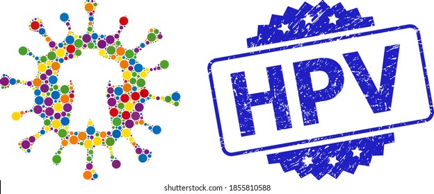 Videovirus humano de cotejo de círculo y sello de goma de VPH. El sello azul incluye el texto del VPH dentro de la rosette. El mosaico del virus humano vectorial se forma con elementos de círculo coloridos aleatorios.