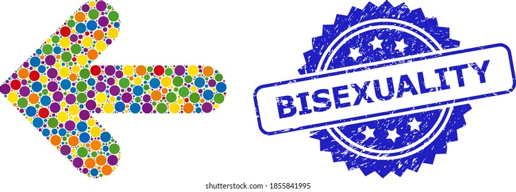 Circle collage left direction and BISEXUALITY scratched stamp. Blue stamp seal contains BISEXUALITY tag inside rosette. Vector left direction collage is created of scattered color circle elements.