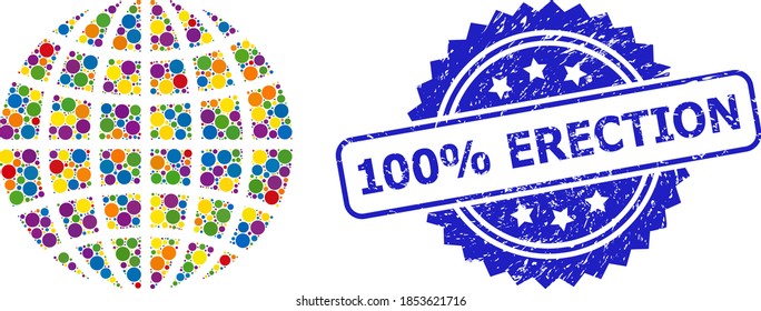 Collage en círculo de LGBT globo y sello rayado 100% ERECTION. El sello azul contiene un 100% de texto de ERECCIÓN dentro de la roseta. El collage del globo LGBT vectorial está diseñado con partes coloridas aleatorias.