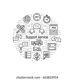 Circle collage made of help desk line icons and electrical circuit elements. Support service inscription. Editable strokes.  Vector illustration.