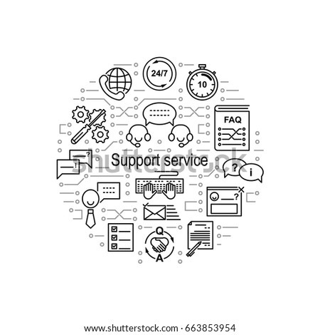Circle collage made of help desk line icons and electrical circuit elements. Support service inscription. Editable strokes.  Vector illustration.