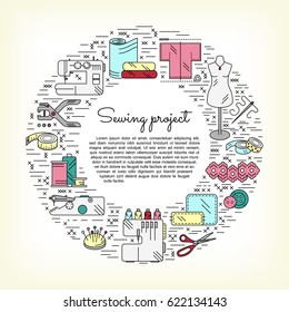 Circle collage with sewing icons. Place for text in center. Accessories and supplies for tailor studio or project. For logo, advertising, signboard or cover. Vector illustration.