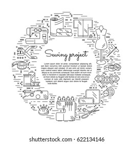 Circle collage with sewing icons. Place for text in center. Accessories and supplies for tailor studio or project. For logo, advertising, signboard or cover. Vector illustration.