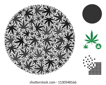 Circle collage of weed leaves in various sizes and color variations. Vector flat grass elements are united into circle collage. Addiction vector design concept.