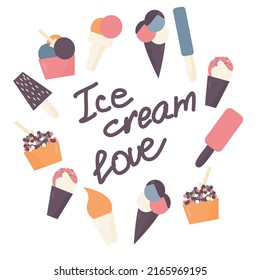 Circle collection with different kinds of ice cream with text inside. Vector illustration. Flat design