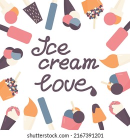 Circle collection with different kinds of ice cream with text inside. Vector illustration. Flat design