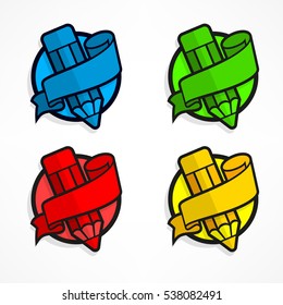 Circle color award emblems with wooden pencil and ribbon on white. Creative drawing logo. Vector illustration