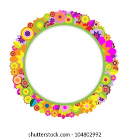 Circle Of Color Flowers And Birds, Vector Illustration