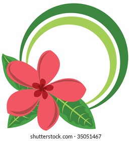 Circle color frame with big tropical flower. Vector illustration.
