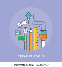 circle color line flat design of creative tools, modern vector illustration